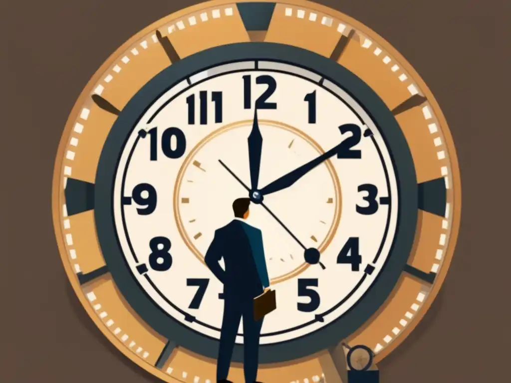 Gestión eficiente del tiempo Mejorar gestión del tiempo inversores: hombre de negocios analizando reloj con lupa rodeado de símbolos y distracciones