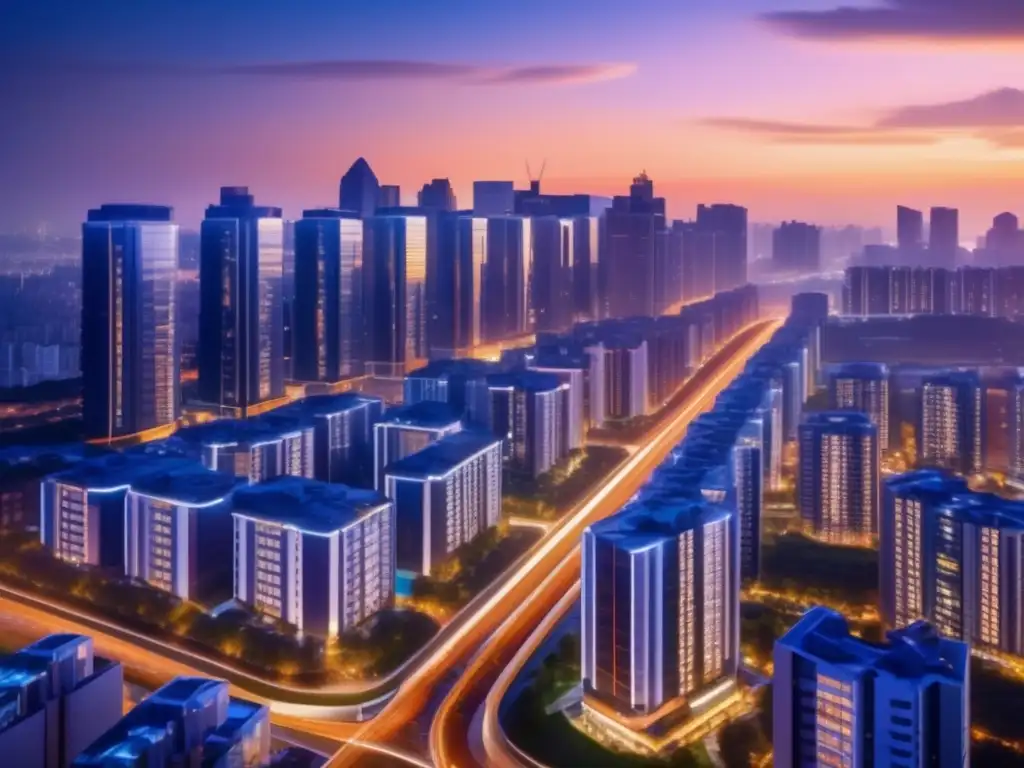 Ciudad moderna al atardecer: inversión inmobiliaria Invertir en tiempos de crisis residencial - Ciudad próspera con modernos edificios y tráfico vibrante