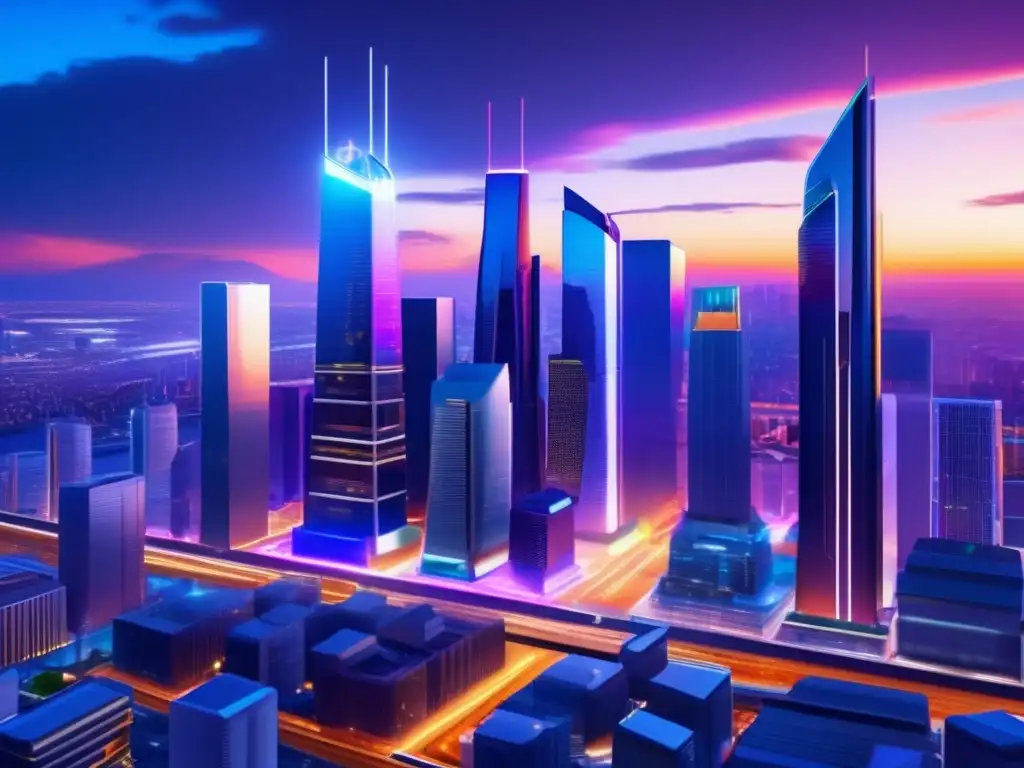 Ciudad futurista al atardecer Invertir en tiempos de crisis residencial: Moderna ciudad al anochecer con rascacielos iluminados y arquitectura futurista