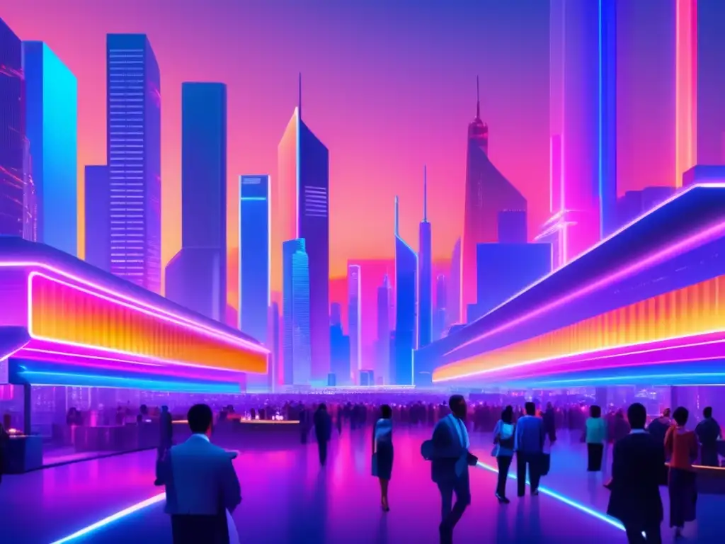 Ciudad futurista con rascacielos y mercado financiero Timing estratégico para inversiones en una ciudad futurista con rascacielos, luces de neón y un bullicioso mercado bursátil