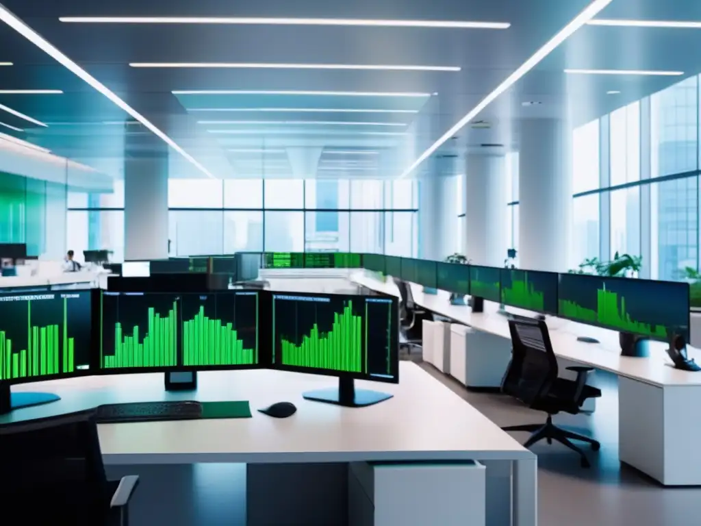 Oficina moderna con traders y pantallas de datos Timing estratégico para inversiones en moderna oficina de alto rendimiento