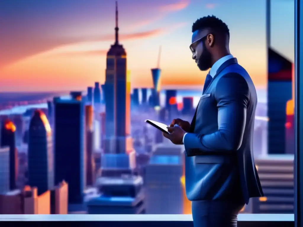 Ciudad moderna al atardecer Timing estratégico: ciudad moderna al atardecer con rascacielos iluminados, empresario con tablet y gráficos financieros