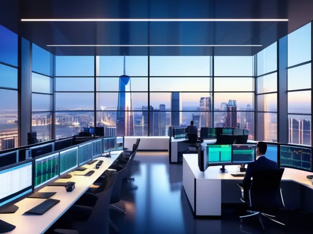 Piso de trading moderno con vista panorámica de la ciudad Torneos de bolsa: trading moderno, monitores avanzados, ambiente vibrante y competitivo