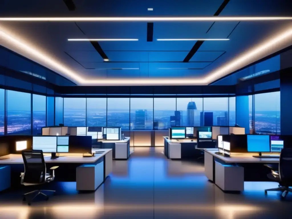 Moderno trading floor con traders enfocados y skyline impresionante Torneos simuladores de bolsa premios en un moderno piso de trading con traders enfocados y una ciudad vibrante