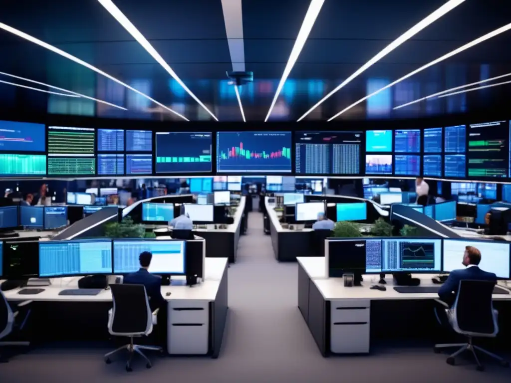 Trading floor moderno con traders y monitores Torneos simuladores de bolsa premios: Moderna sala de trading con traders analizando datos financieros en monitores y tabla de clasificación en fondo