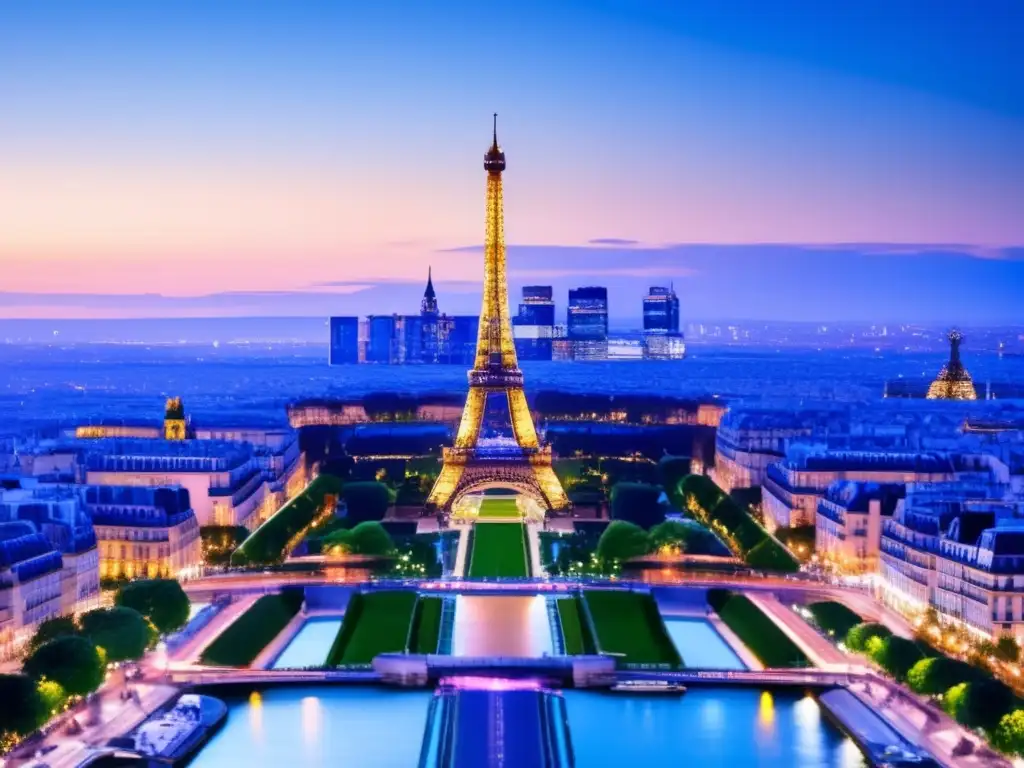 Eiffel Tower: Belleza y potencial económico Paris skyline al anochecer con la Torre Eiffel iluminada - Leyes fiscales Francia inversión