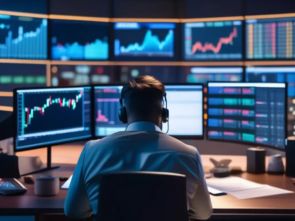 Trader agotado en un cuarto con pantallas y desorden Trader agotado rodeado de pantallas de datos, papeles y café, reflejando el riesgo y falta de planificación en el trading diario
