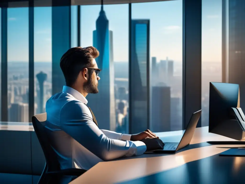 Trader profesional analizando gráficos financieros Trader concentrado en moderna oficina con vista a la ciudad
