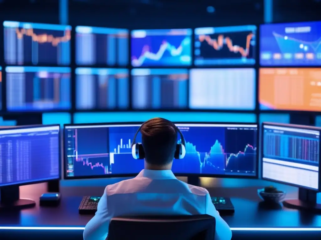 Trader analizando datos en escritorio futurista Trader analizando criptomonedas en escritorio futurista