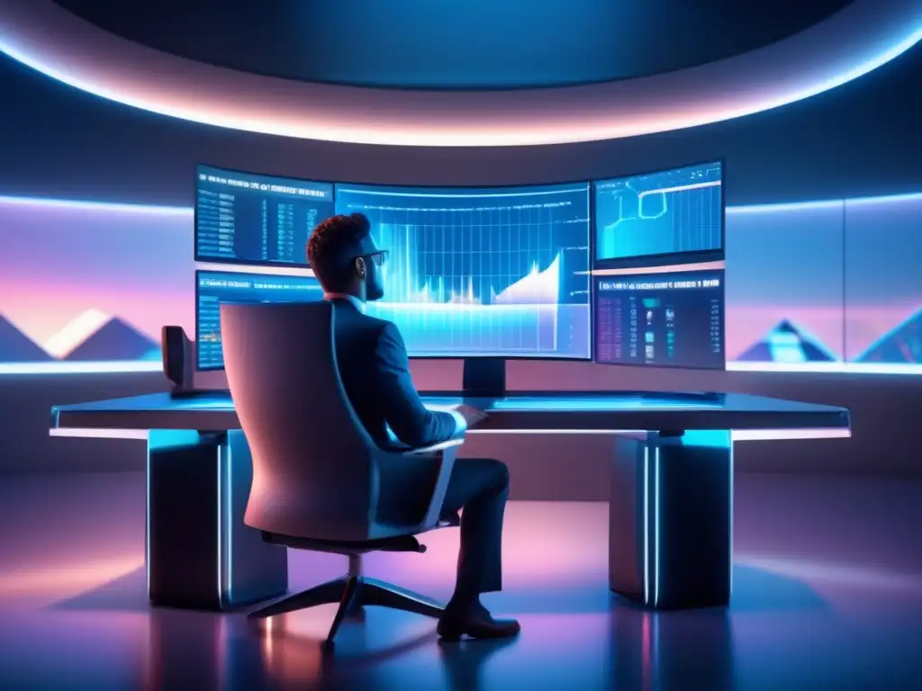 Trader analizando datos en elegante escritorio Trader enfocado en análisis de datos en moderno escritorio de trading: Beneficios de la inteligencia emocional en el trading