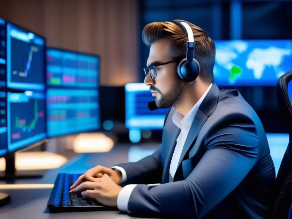Trader analizando datos en moderno escritorio Trader profesional analizando y mejorando algoritmos de trading en un escritorio moderno y sofisticado