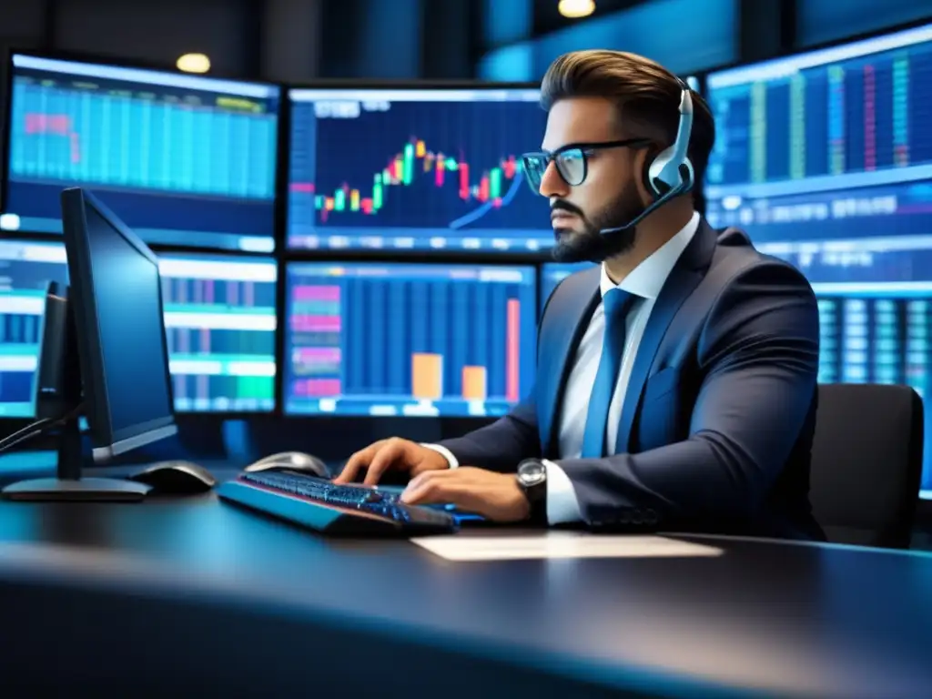 Trader profesional en su escritorio de trading moderno Trader profesional enfocado en una estrategia de scalping efectiva