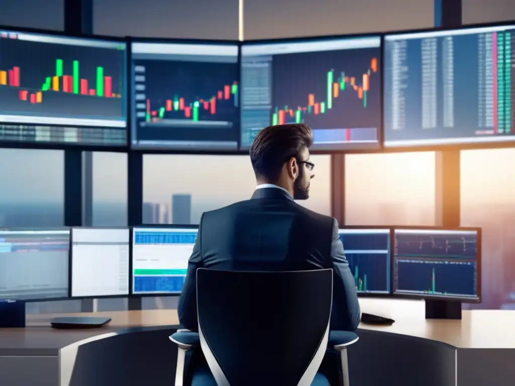 Trader profesional en moderno escritorio de trading Trader profesional en escritorio moderno, inteligencia emocional en trading