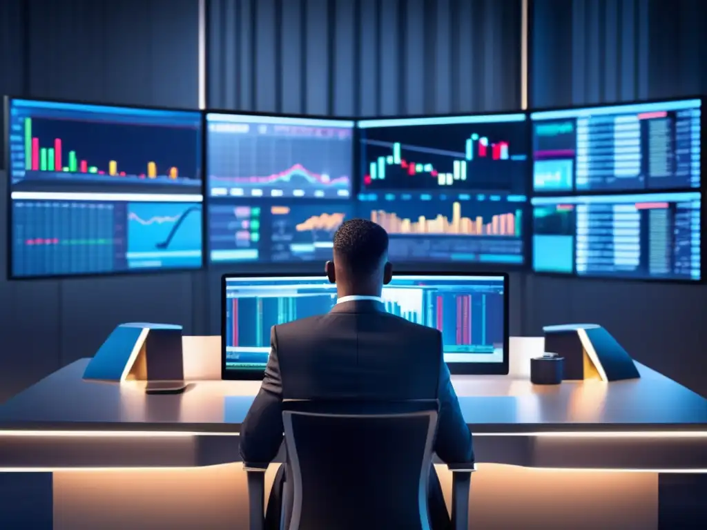 Trader profesional en un escritorio futurista Trader profesional en escritorio moderno, con datos financieros en pantallas y ambiente cálido