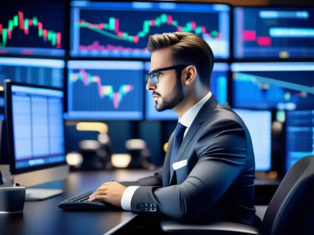 Trader profesional en su moderno escritorio de trading Trader profesional en escritorio moderno rodeado de monitores con datos y gráficos del mercado de valores
