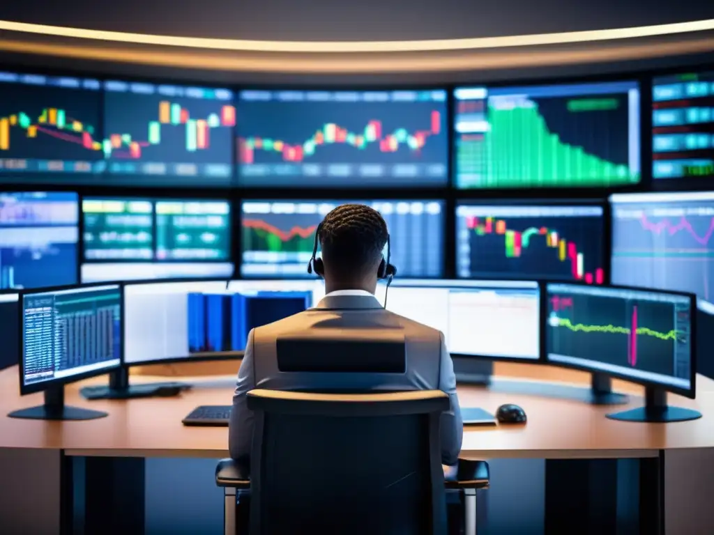 Trader disciplinado en escritorio moderno Trader profesional en un escritorio de trading moderno, enfocado y disciplinado, rodeado de pantallas mostrando datos y gráficos en tiempo real