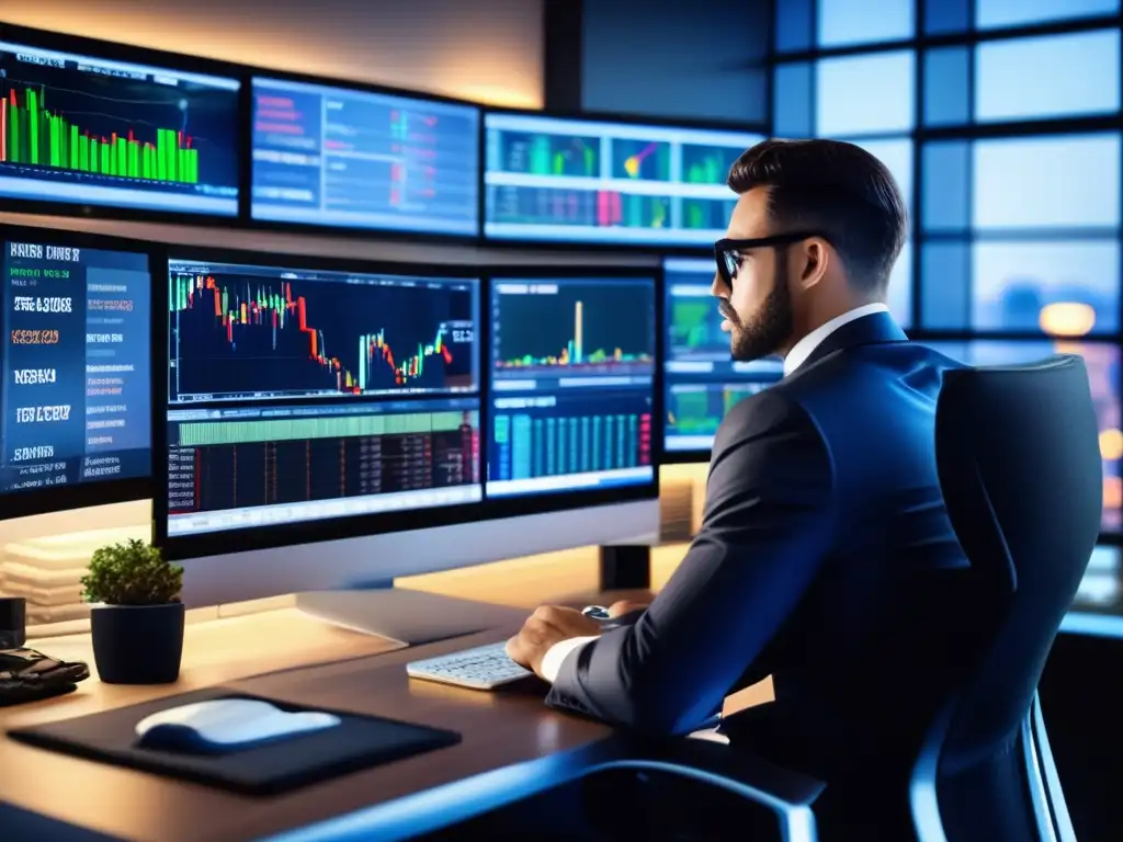 Moderno escritorio de trading en una oficina elegante Un trader profesional analiza el mercado en una oficina moderna y elegante