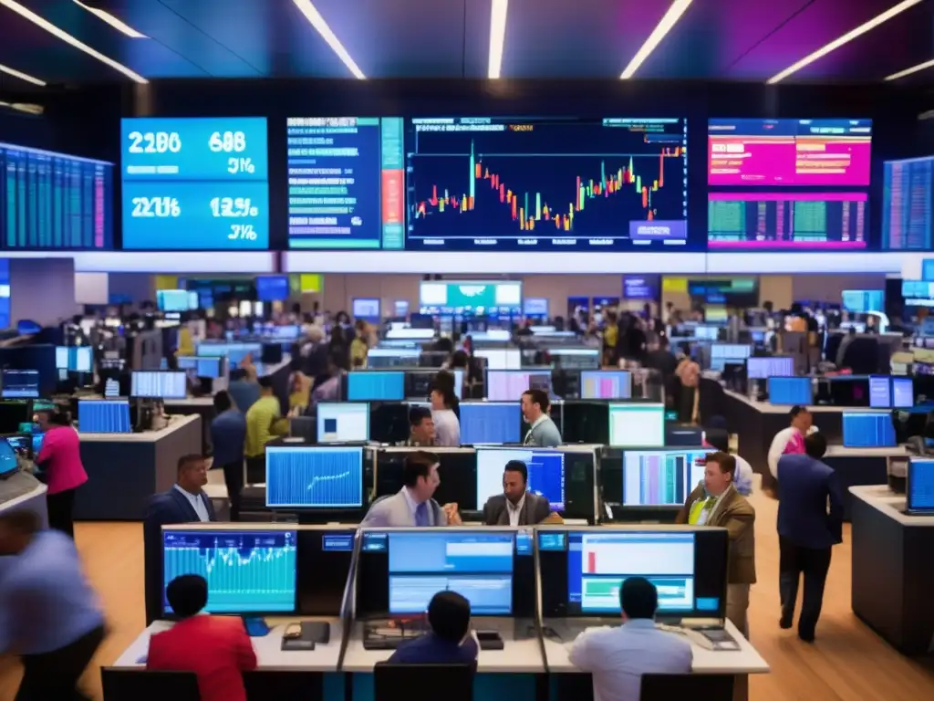 Traders enérgicos en una bolsa de valores moderna Traders en una bolsa financiera con pantallas de datos, luces brillantes y tecnología avanzada