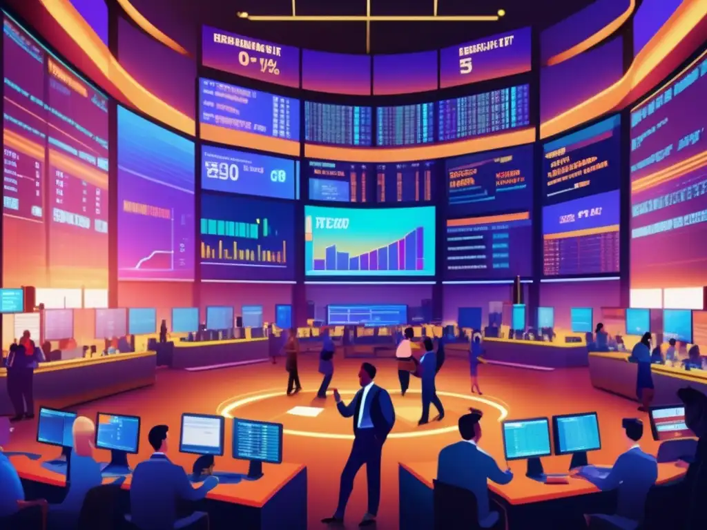 Traders enérgicos y modernos en una bulliciosa bolsa de valores Traders gestionando la bolsa en un piso moderno, con pantallas digitales y debate intenso sobre políticas monetarias en bonos