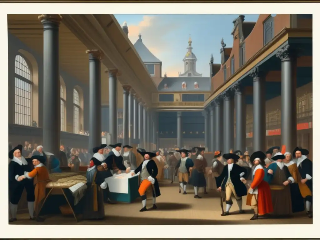 Trading frenético en la Bolsa de Ámsterdam Traders en la Bolsa de Ámsterdam en el siglo XVII, reflejando la influencia de la inversión en acciones de la Compañía de las Indias Orientales