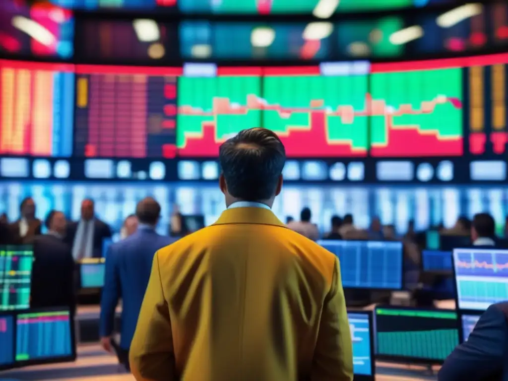 Intenso mercado de valores: traders, pantallas y acción Traders en la bolsa de valores, pantalla de datos financieros en tiempo real
