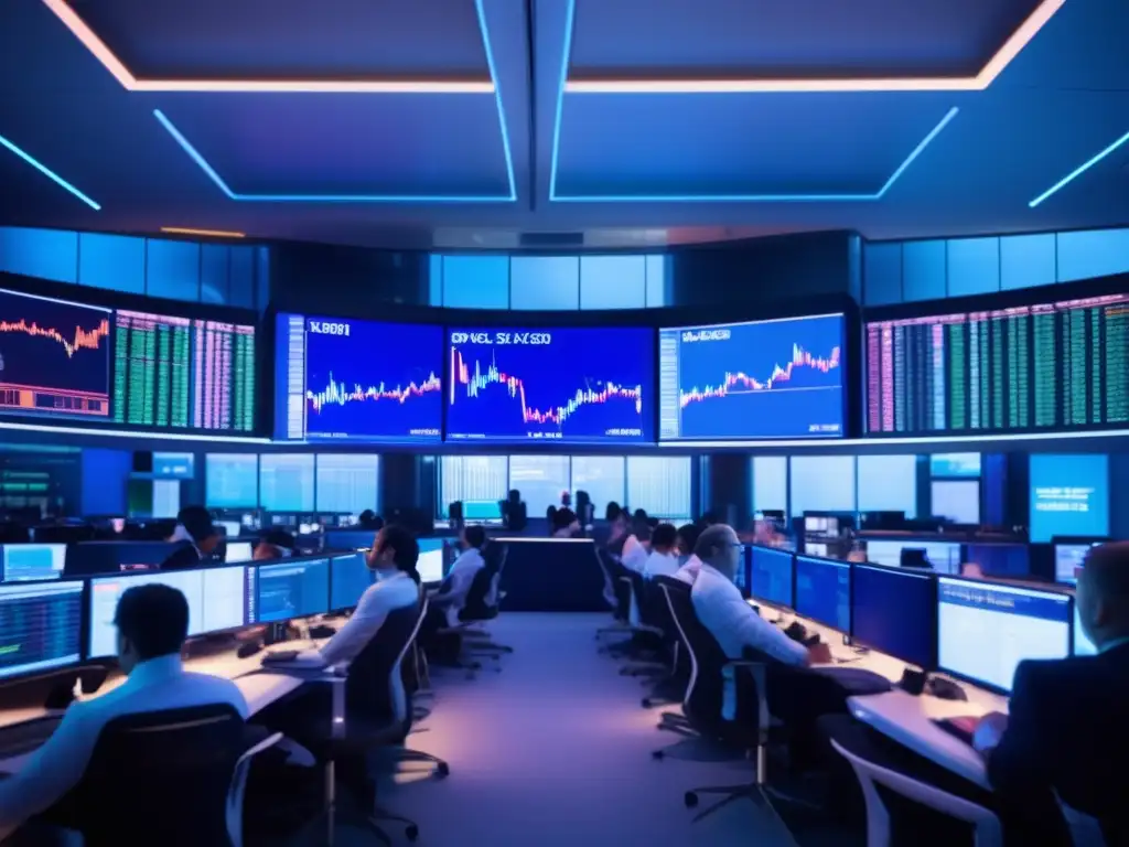 Bolsa de valores futurista con traders y pantallas LED Traders en una bolsa de valores con tecnología avanzada y estrategias de inversión rápida