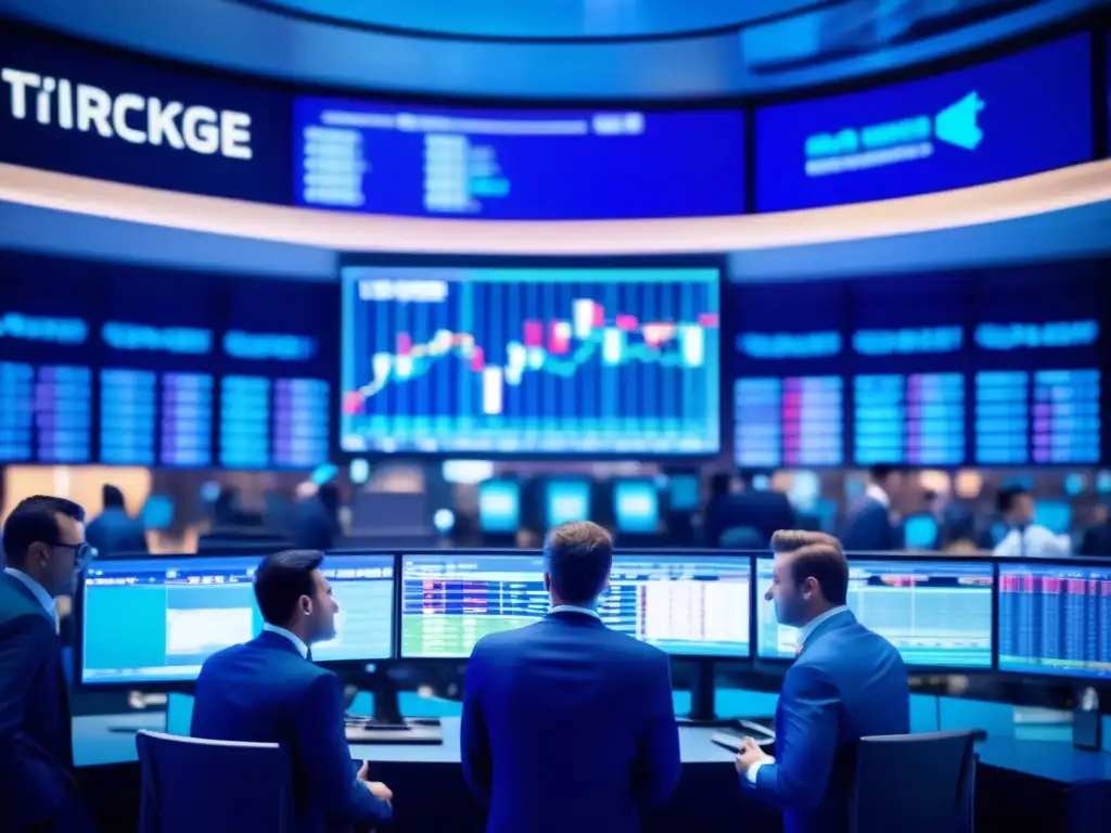 Piso de bolsa vibrante y moderno Traders en una bulliciosa bolsa de valores, con pantallas mostrando datos bursátiles en tiempo real y LED vibrantes desplazando información financiera