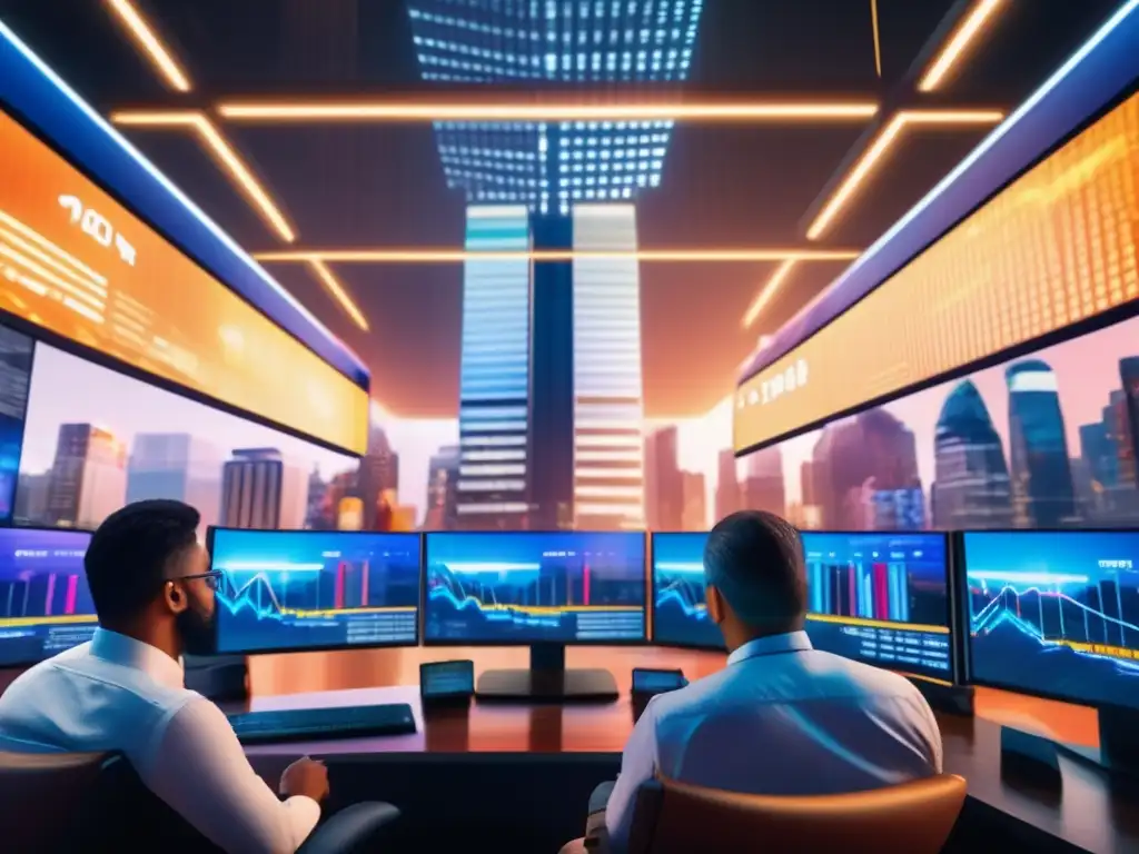 Finanzas en la ciudad al atardecer Traders en bullicioso distrito financiero, monitores de bolsa, atardecer vibrante y arquitectura moderna