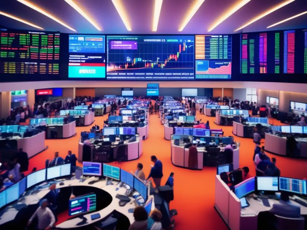 Traders energéticos en frenético mercado forex Traders en un bullicioso mercado forex, rodeados de tecnología futurista y estrategias de trading