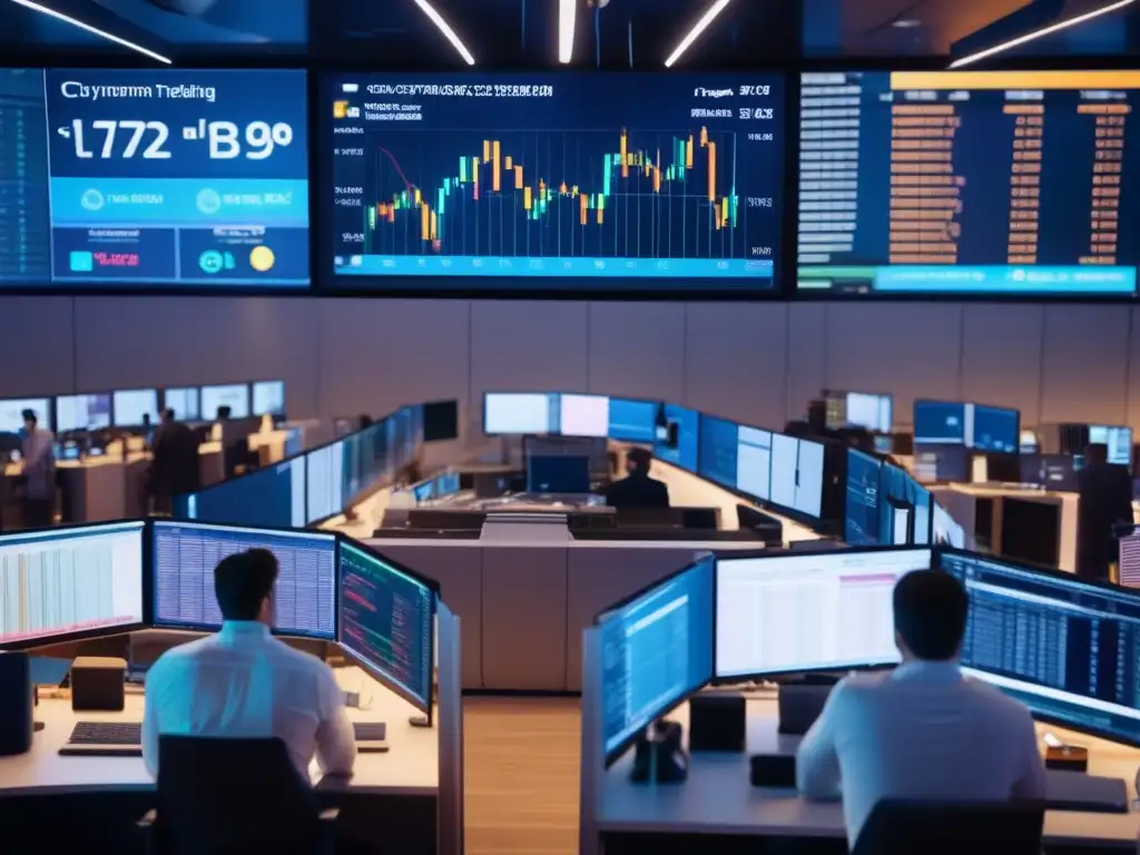 Piso de intercambio criptográfico con traders y pantallas Traders en criptomonedas analizan datos en un piso de negociación moderno, destacando la importancia de la psicología del trading