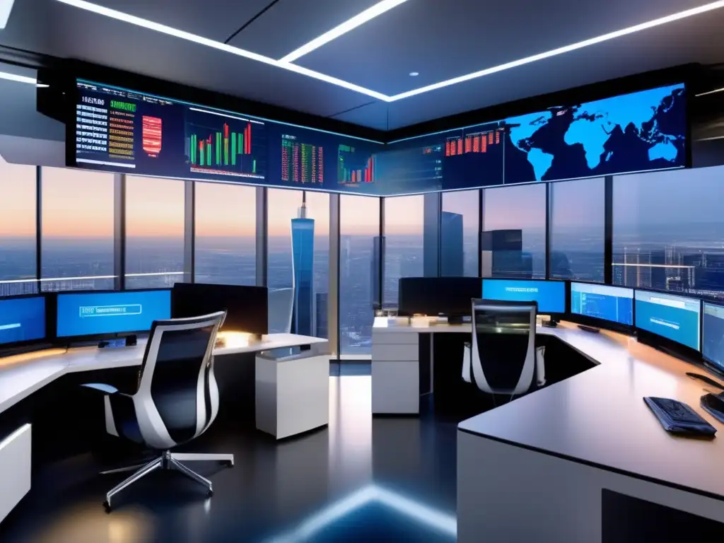 Trading floor moderno y tecnológico, ambiente profesional y sofisticado Traders analizando datos y actualizando algoritmos en moderna sala de trading, ambiente profesional y vanguardista