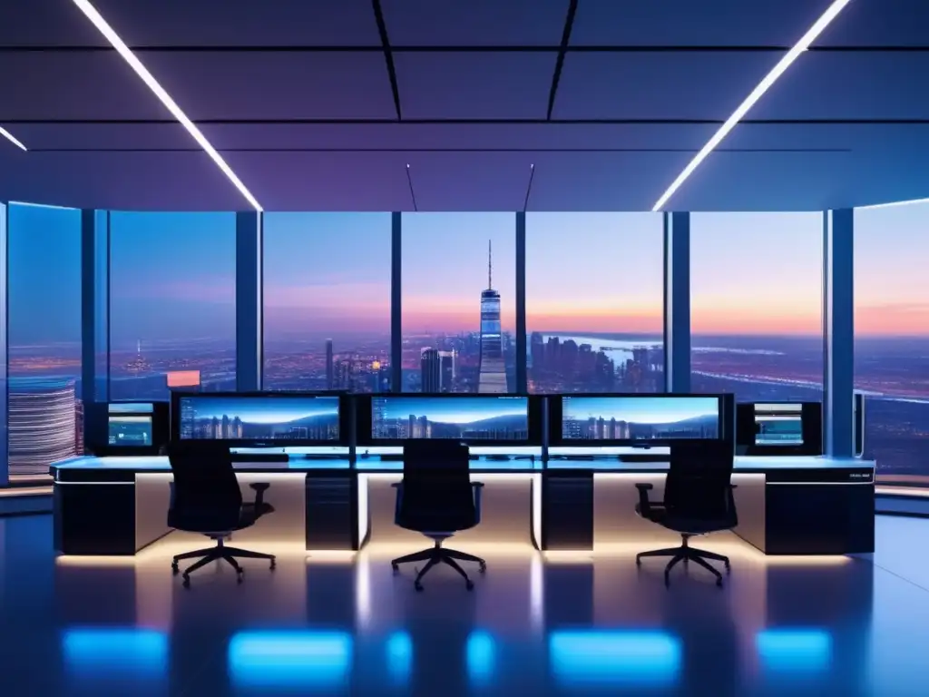 Futuro trading floor: diseño minimalista, tecnología avanzada Traders analizando datos criptográficos en un futurista piso de operaciones con vista panorámica a la ciudad al atardecer