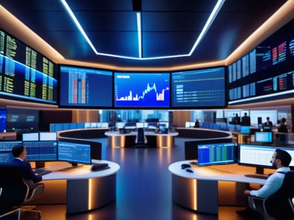 Traders analizando datos en moderno piso de trading Traders analizando datos y tomando decisiones estratégicas en un piso de operaciones financiero moderno y elegante