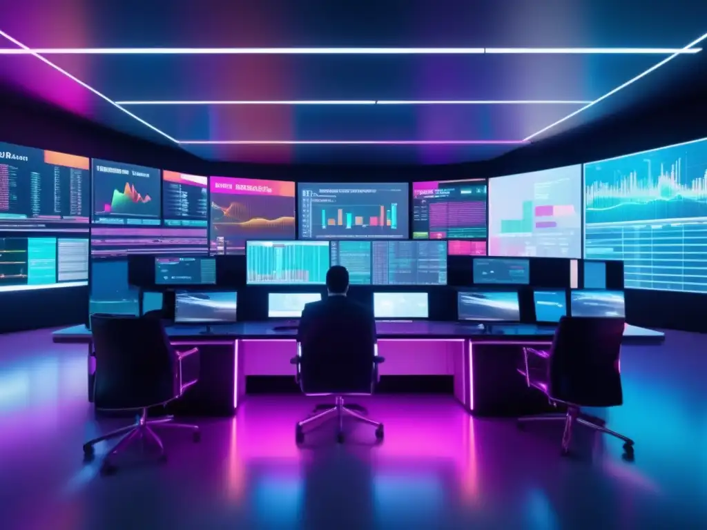 Traders in futuristic holographic trading floor Traders analizan datos y toman decisiones de inversión en una sala de trading futurista con monitores avanzados y proyecciones holográficas