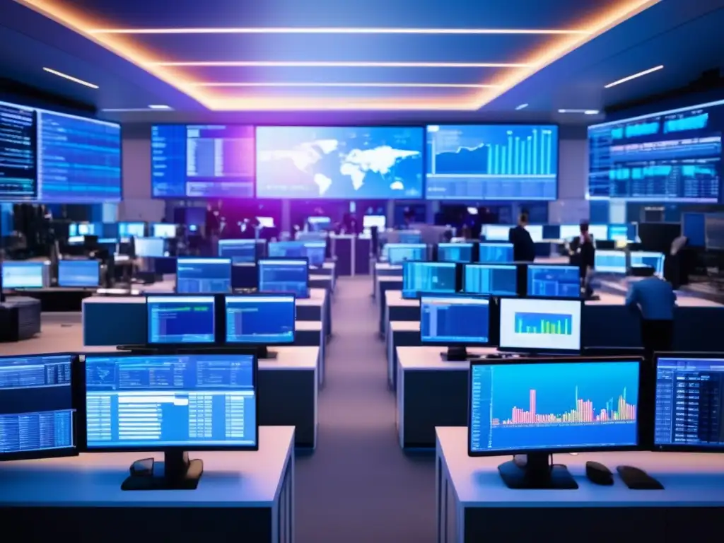 Traders analizando y tomando decisiones Traders analizando datos y tomando decisiones en un piso de trading moderno y activo