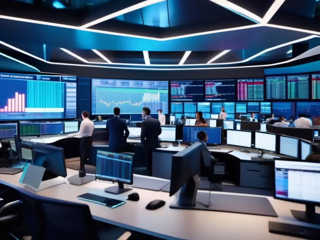 Traders en piso financiero moderno Traders analizando datos y tomando decisiones en una sala de trading moderna llena de tecnología avanzada