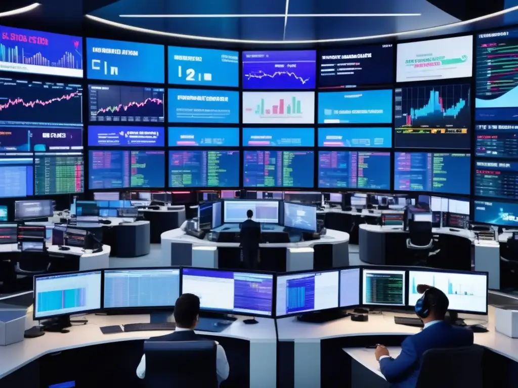 Trading floor tecnológico y dinámico Traders analizando datos y tomando decisiones en una sala de operaciones tecnológica y moderna