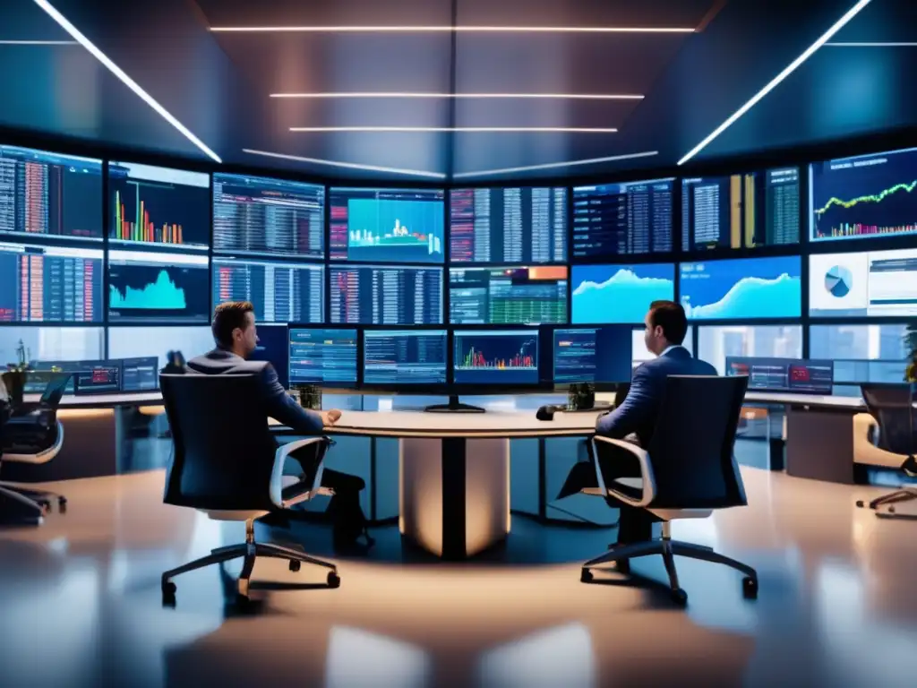 Trading floor moderno y sofisticado Traders analizando datos y estrategias en un asombroso y moderno piso de operaciones