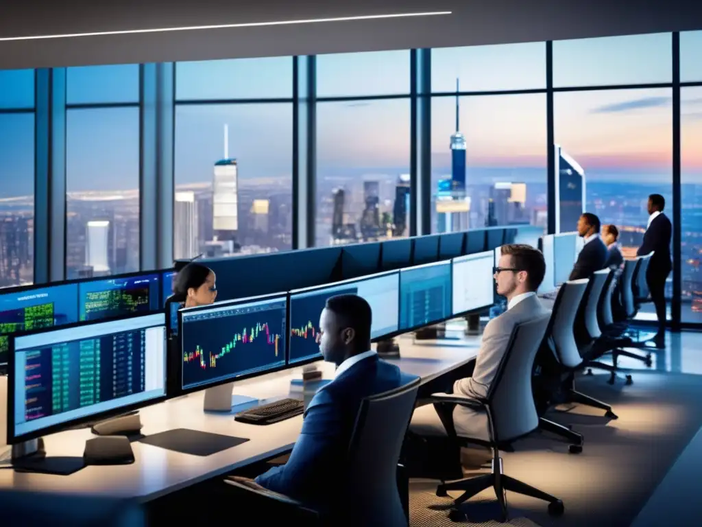 Traders analizando mercados en moderna sala de trading Traders analizan datos del mercado financiero en una sala moderna con vista a la ciudad