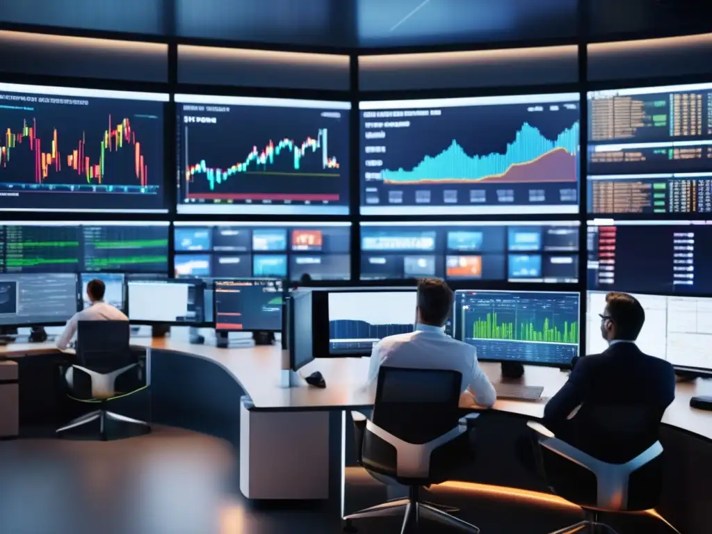 Piso de trading moderno y dinámico Traders analizando datos en una moderna sala de trading con medias móviles para detectar tendencias