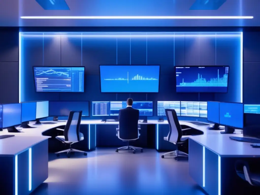 Operadores en oficinas de vidrio analizando pantallas Traders analizando datos y ejecutando operaciones en un moderno piso de trading