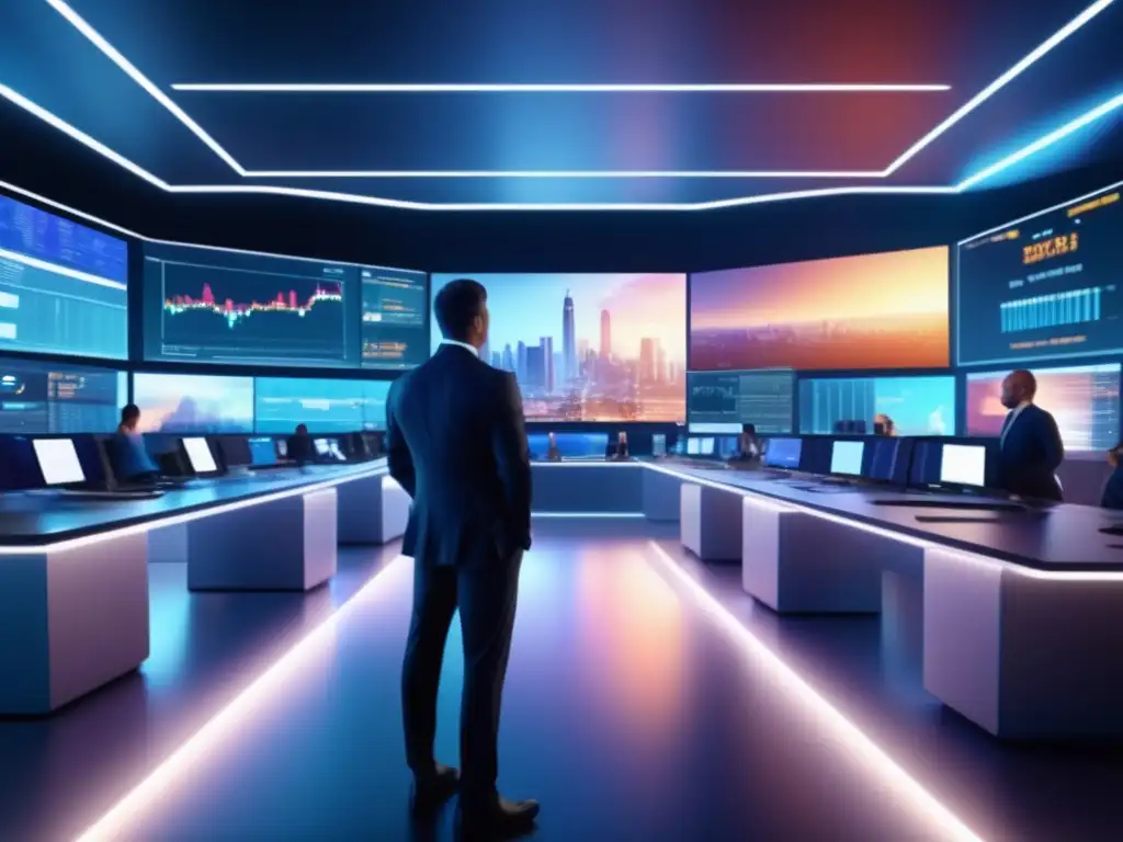 Trading floor futurista con traders y pantallas digitales Traders analizan datos en pantalla en piso bursátil futurista -ETFs Materias Primas Diversificación Cartera
