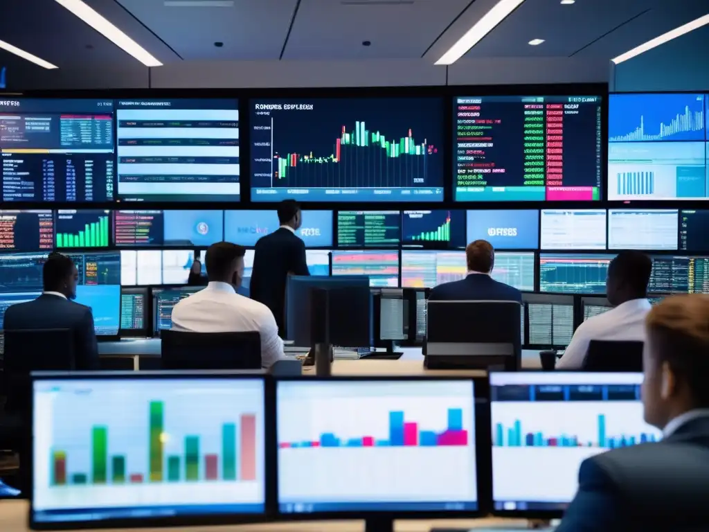 Traders analyzing data and making transactions Traders analizando datos y operando en un piso de trading moderno