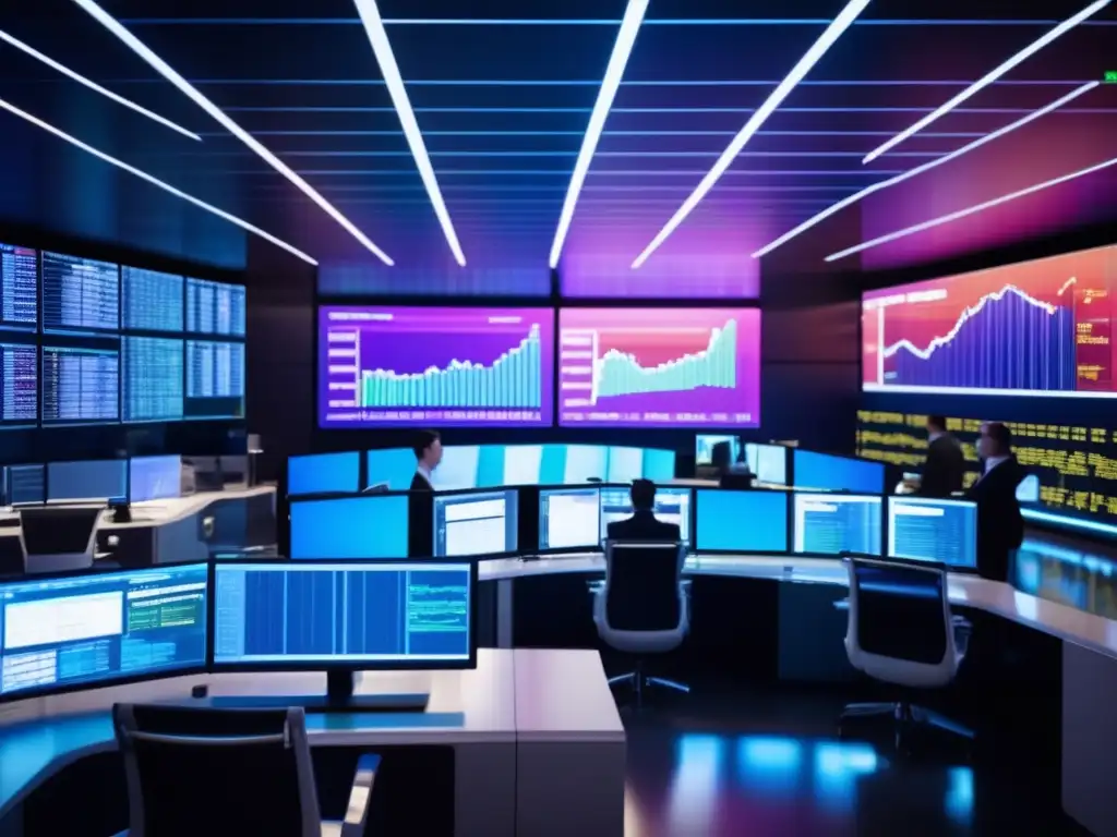 Traders en piso de operaciones con pantallas de datos Traders analizando datos en una sala de operaciones moderna, resaltada por gráficos y pantallas brillantes