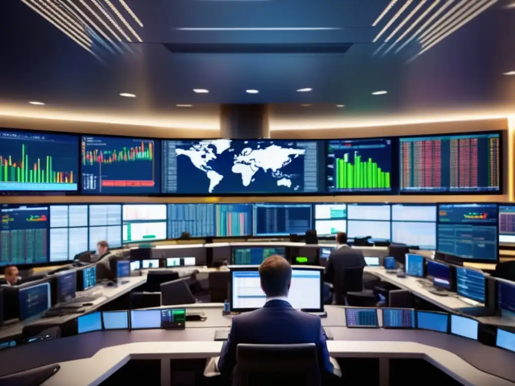 Traders analizando datos de mercado en una sala de trading moderna Traders analizando datos en tiempo real en una moderna sala de trading