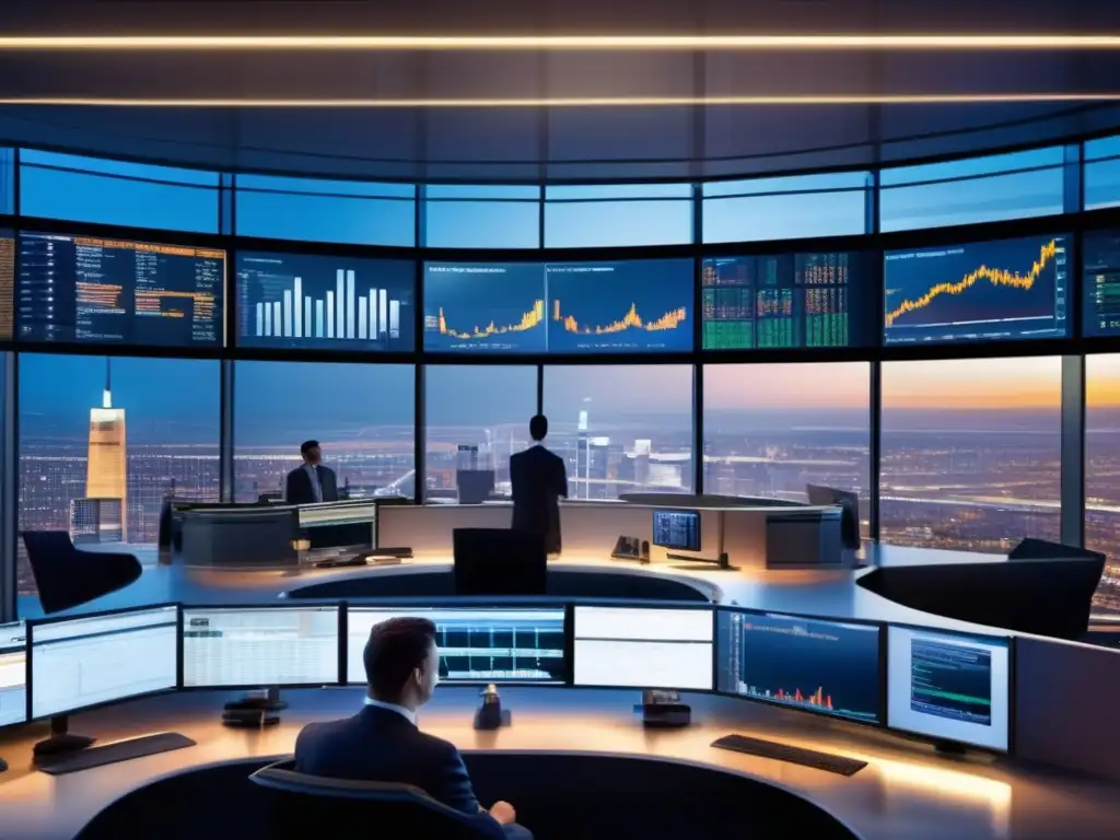 Sofisticado trading floor iluminado, con traders enfocados Traders enfocados en moderno trading floor con vistas panorámicas de la ciudad