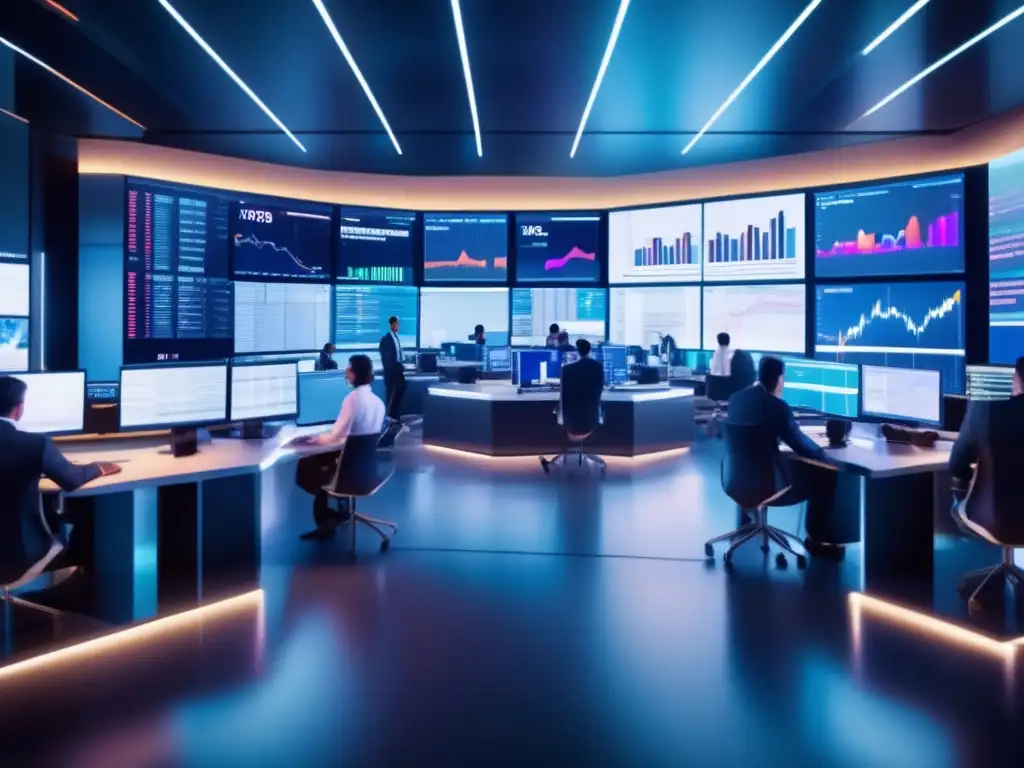 Trading floor moderno, actividad y análisis Traders analizando estrategias Forex en un piso de operaciones ultradetallado y moderno