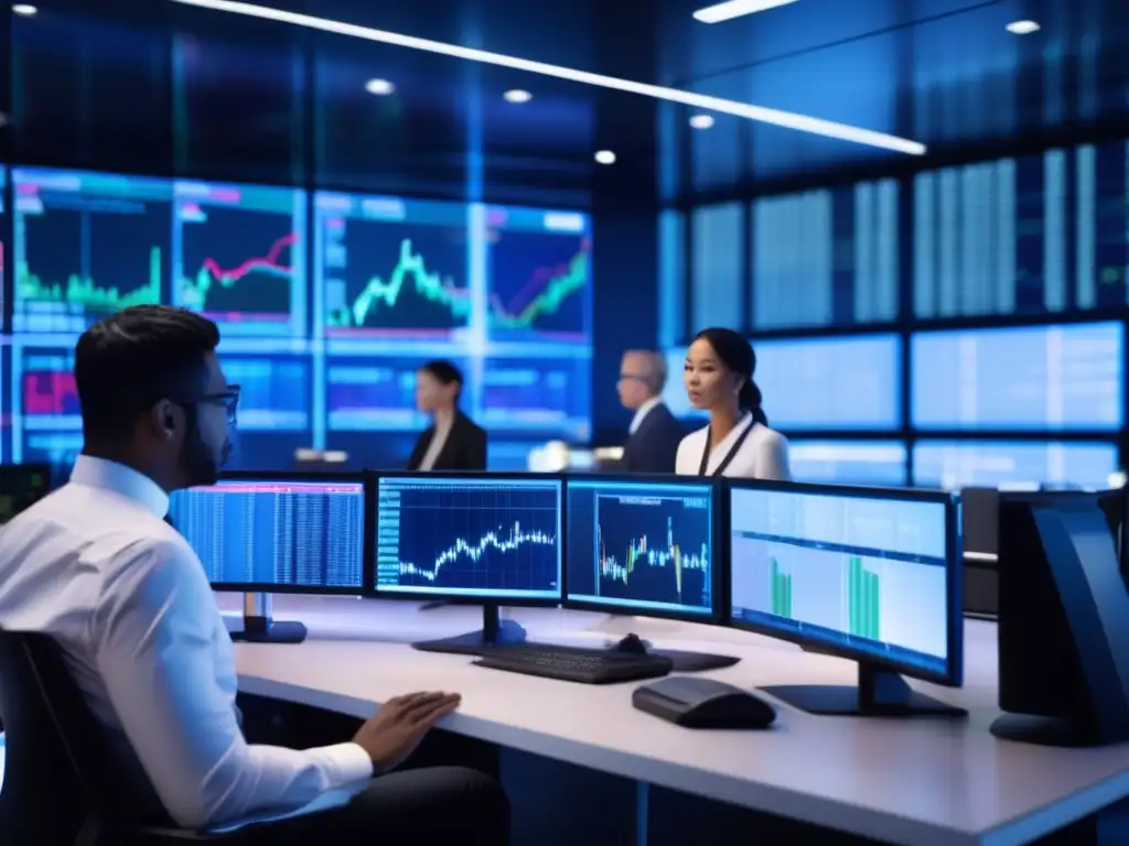 Traders analizando datos de mercado en una moderna sala de trading Traders analizando estrategias de inversión a largo plazo en un moderno piso de trading