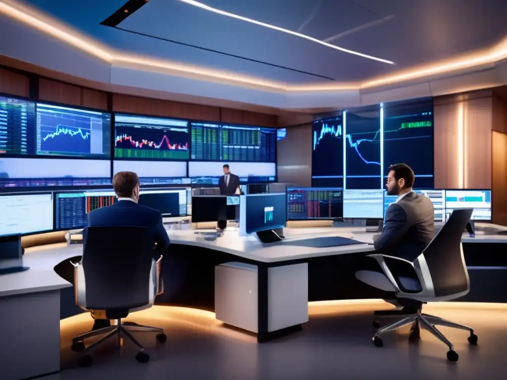 Trading floor moderno y sofisticado Traders analizando estrategias Forex en moderna sala de trading con tecnología avanzada