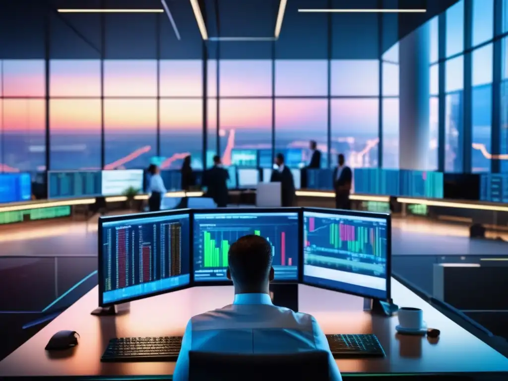 Traders experimentados en una moderna sala de operaciones Traders expertos en acción: Sobreconfianza en la bolsa de valores